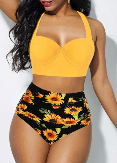 Cutout Womens Bikini Set - Back Halter Sunflower Print