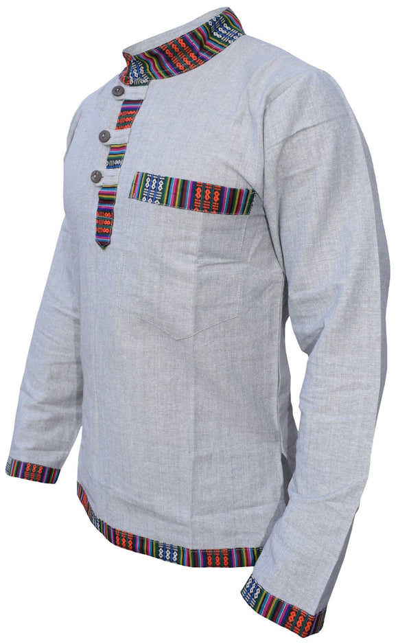 Gheri Mens Shirt - Ethnic Border Hemp Cotton Grandad Collar