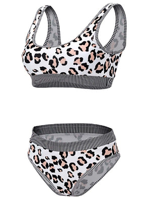 Bikini Set - Leopard Print Striped Trim