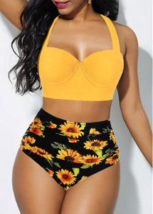 Cutout Back Halter Sunflower Print Bikini Set