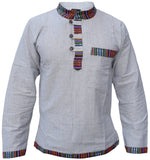 Gheri Mens Shirt - Ethnic Border Hemp Cotton Grandad Collar