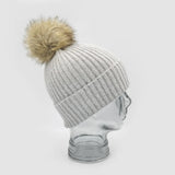 White Leaf Hat - Cashmere Blend Faux Fur Pom Pom