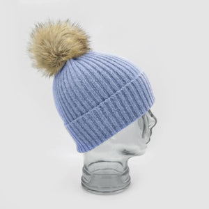 White Leaf Hat - Cashmere Blend Faux Fur Pom Pom